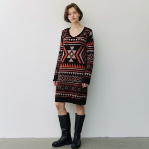 Geometric Pattern Long Sleeve Sweater Dress in Black and Orange